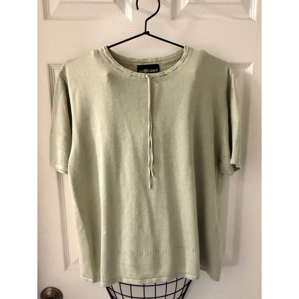 Vintage Sag Harbor Women's XL Sage Green Ramie Blend Knit Tie Neck Top